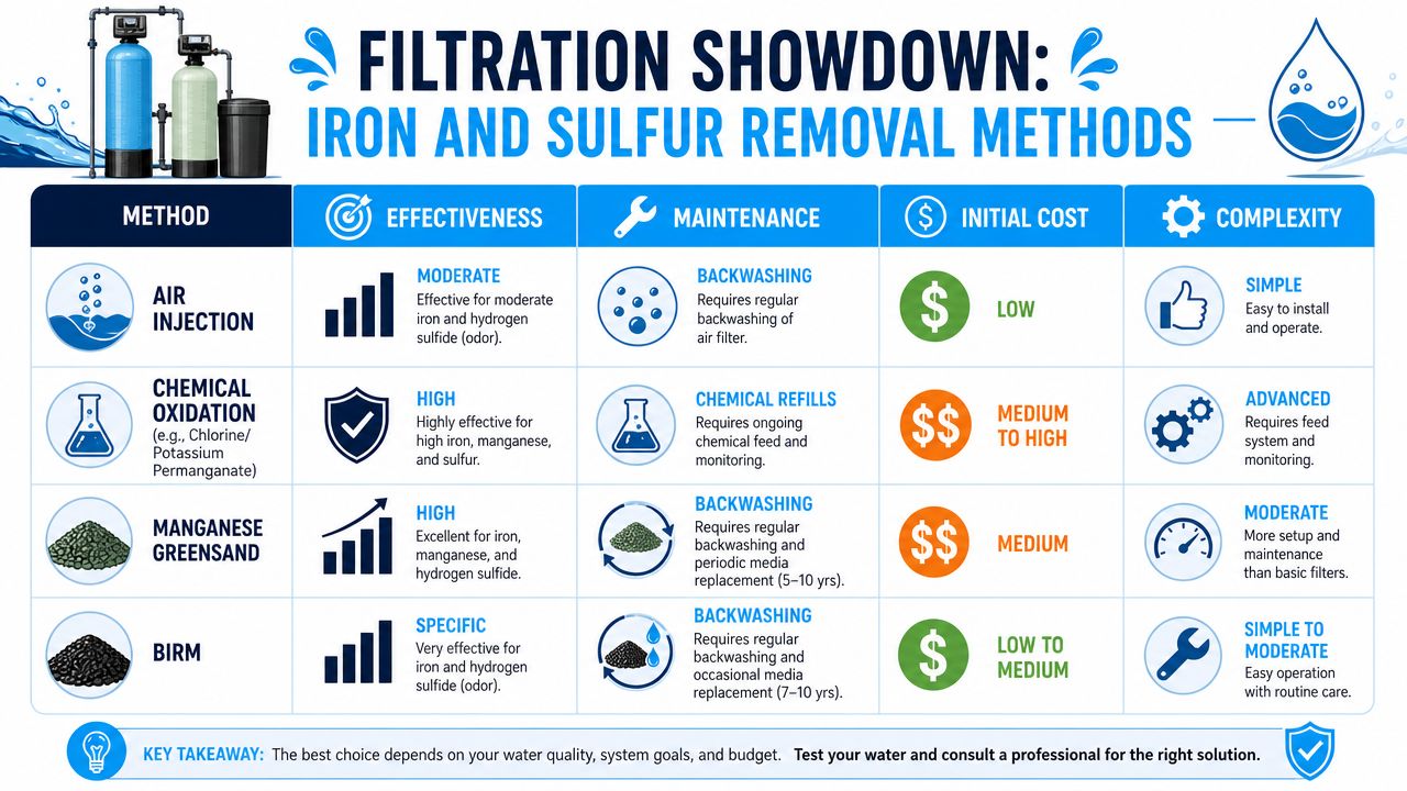 A comparison chart detailing four water filtration methods for removing iron and sulfur from residential water systems.