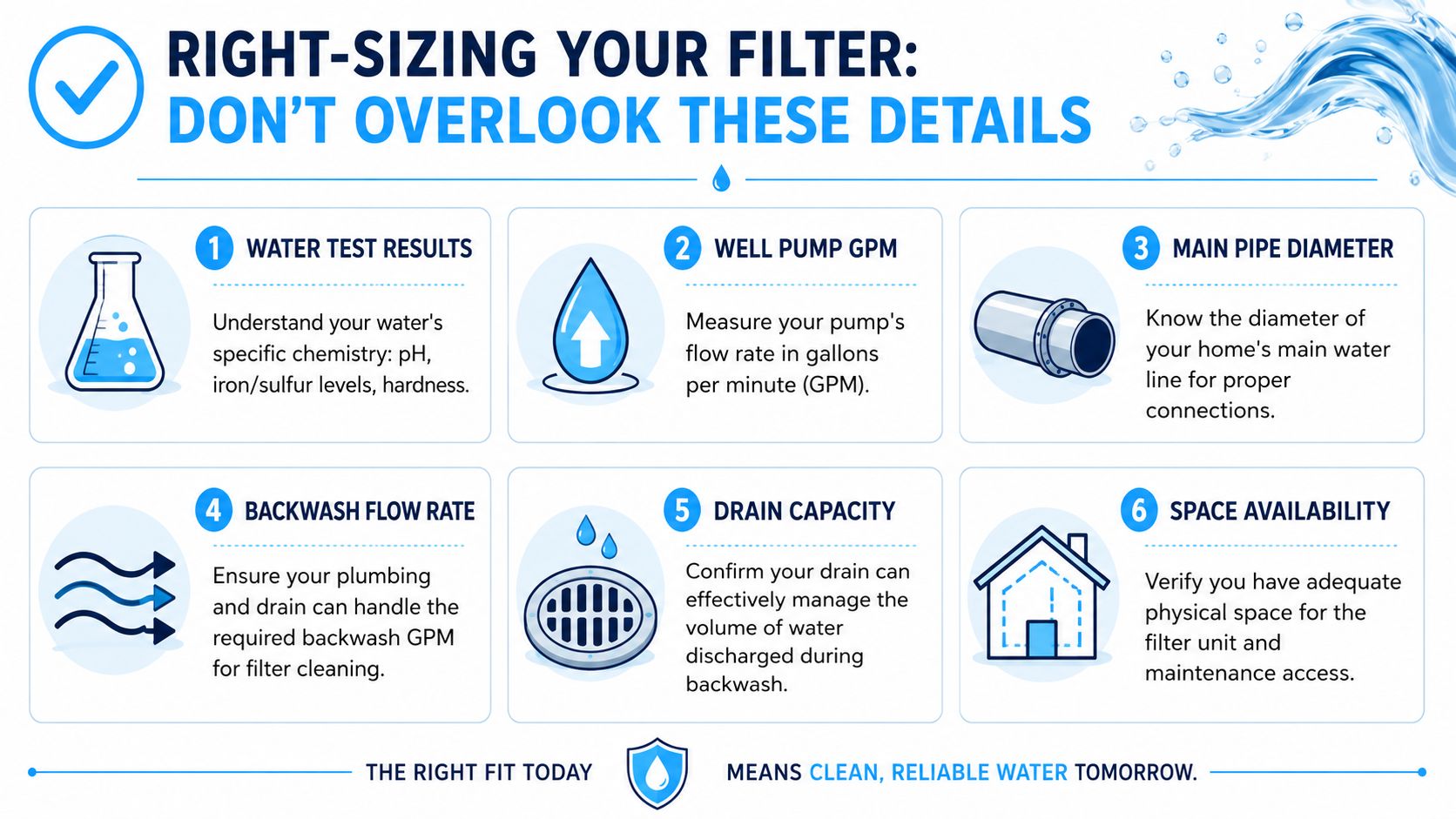 An infographic titled Right-Sizing Your Filter listing six key considerations for selecting a residential water filtration system.