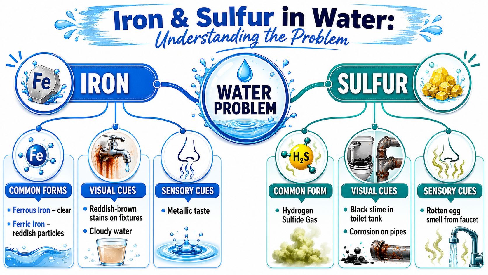 An infographic showing the causes, visual cues, and sensory signs of iron and sulfur in water.