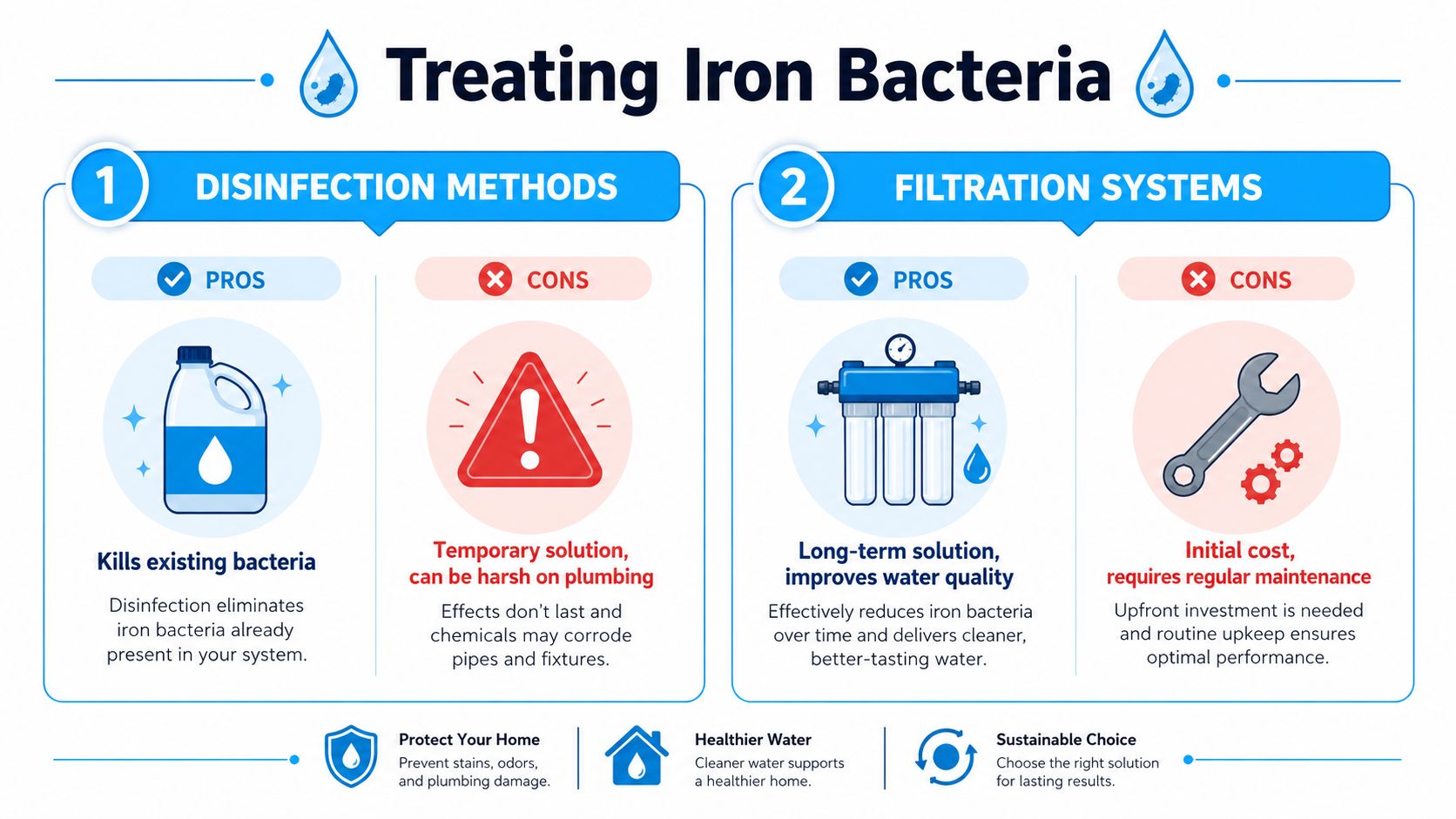 An infographic comparing disinfection methods and filtration systems for treating iron bacteria in home water systems.