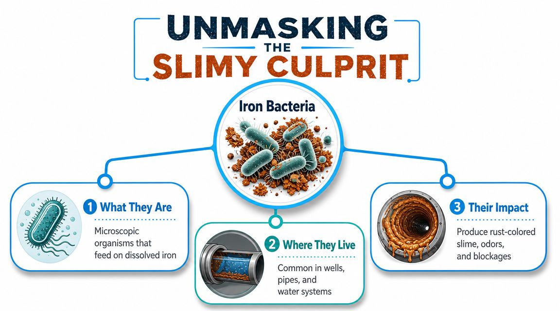 An infographic explaining what iron bacteria are, where they live, and the impact they have on water systems.