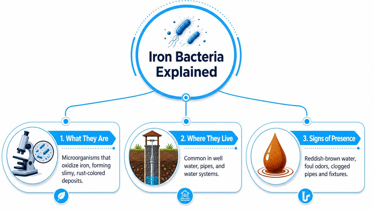 An infographic explaining iron bacteria including what they are, where they live, and signs of presence.