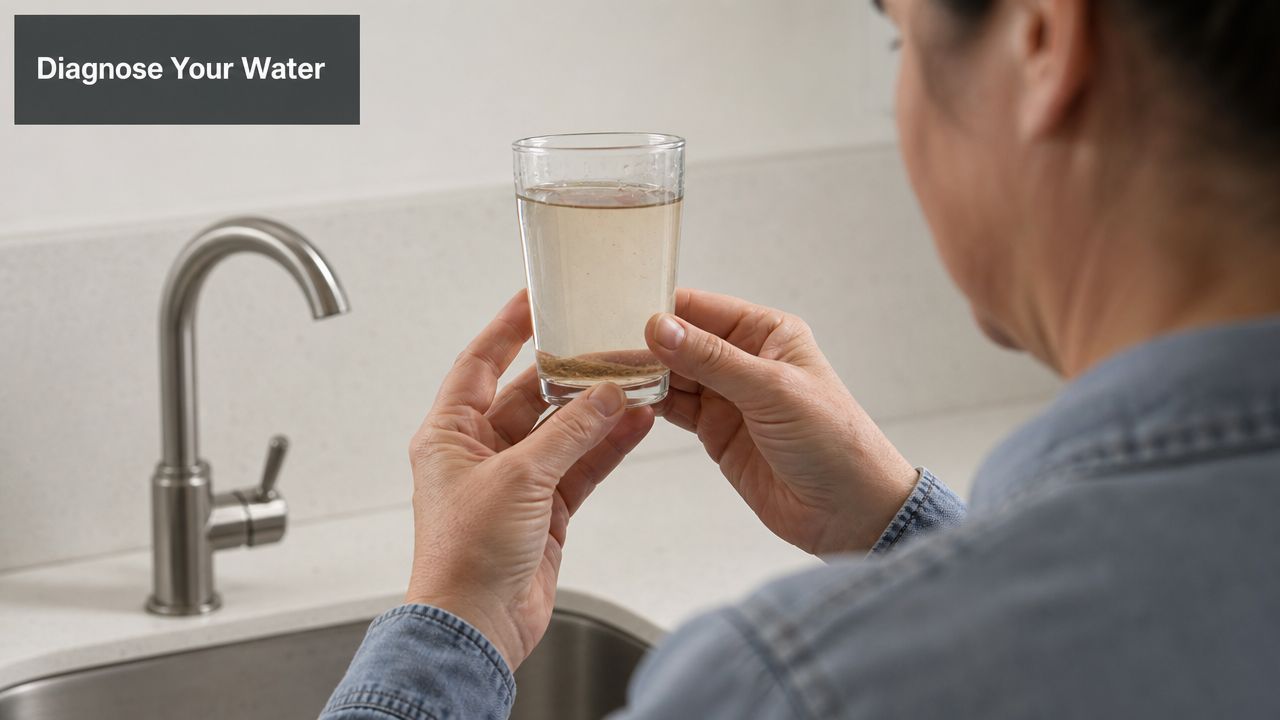 A person holding a glass of murky water with sediment, concerned about water quality in their kitchen.