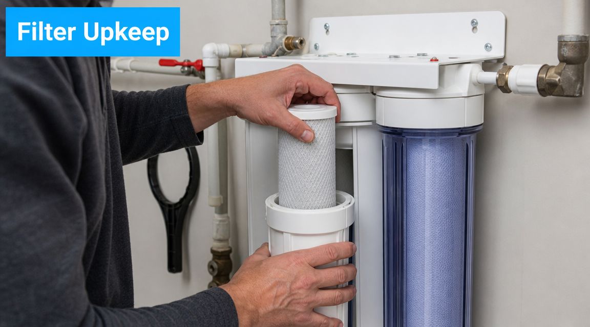 A person changing a replacement water filter cartridge in a home water filtration system unit.
