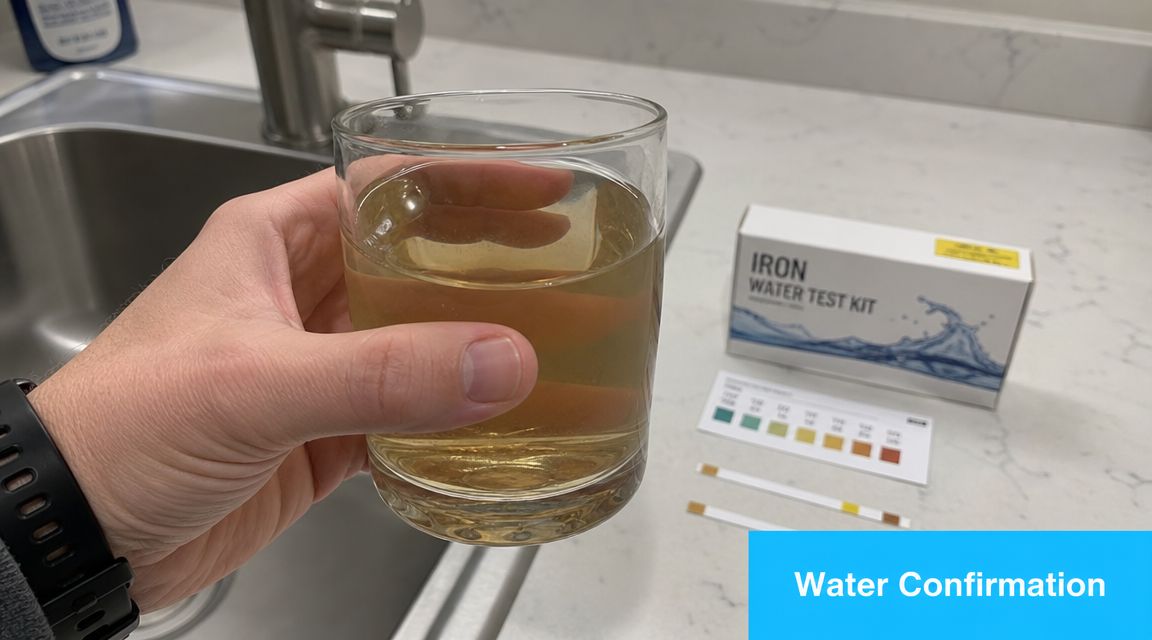 A hand holds a glass of yellowish discolored water next to an iron water test kit package.