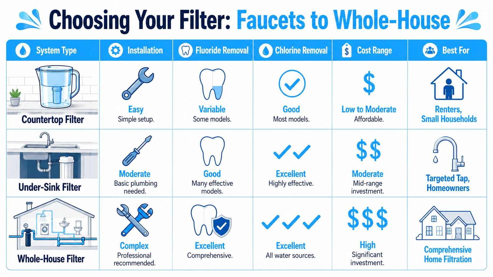 A comparison chart showing three types of water filtration systems: countertop, under-sink, and whole-house options.