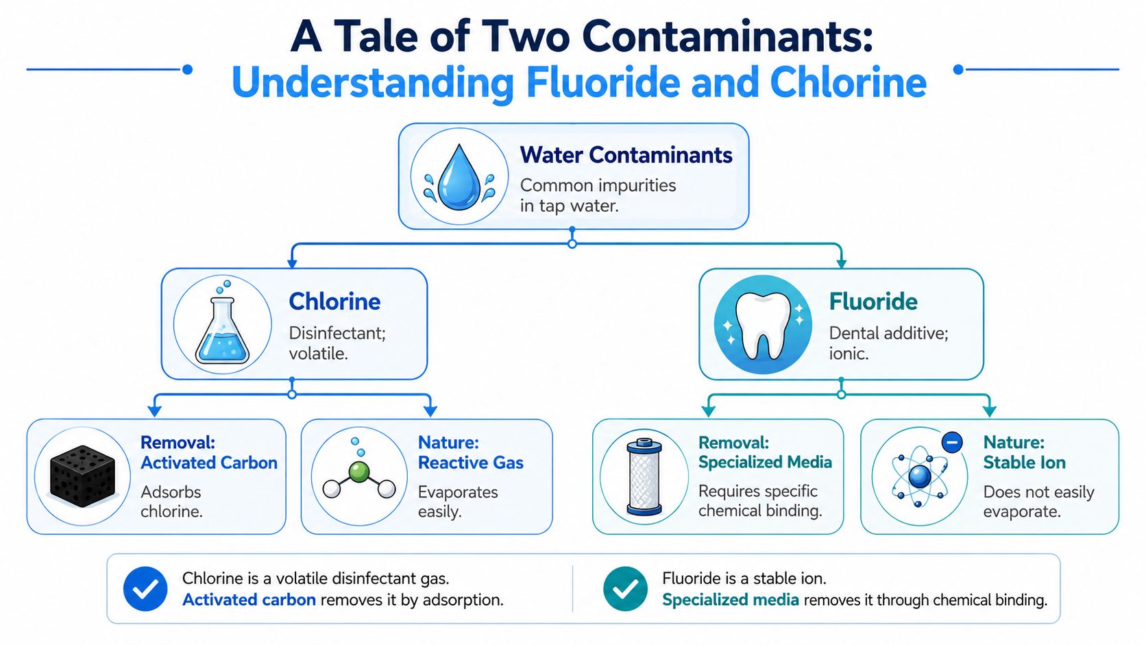 An infographic comparing properties of water contaminants chlorine and fluoride and their respective removal methods.