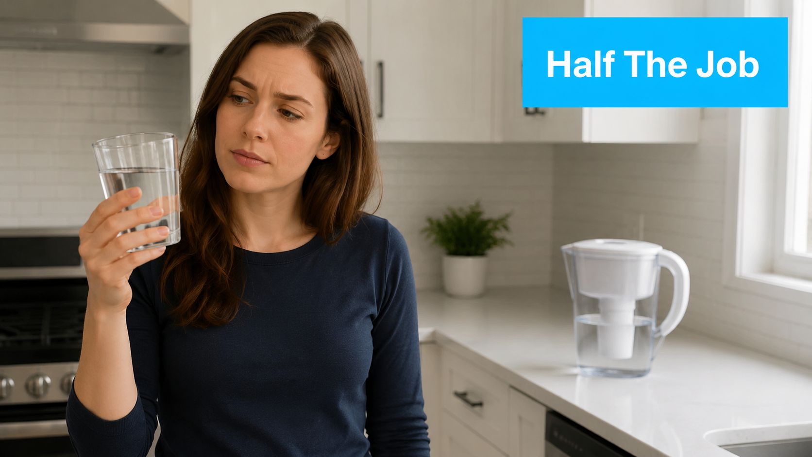 A woman looks concerned while holding a glass of tap water in a clean modern kitchen.