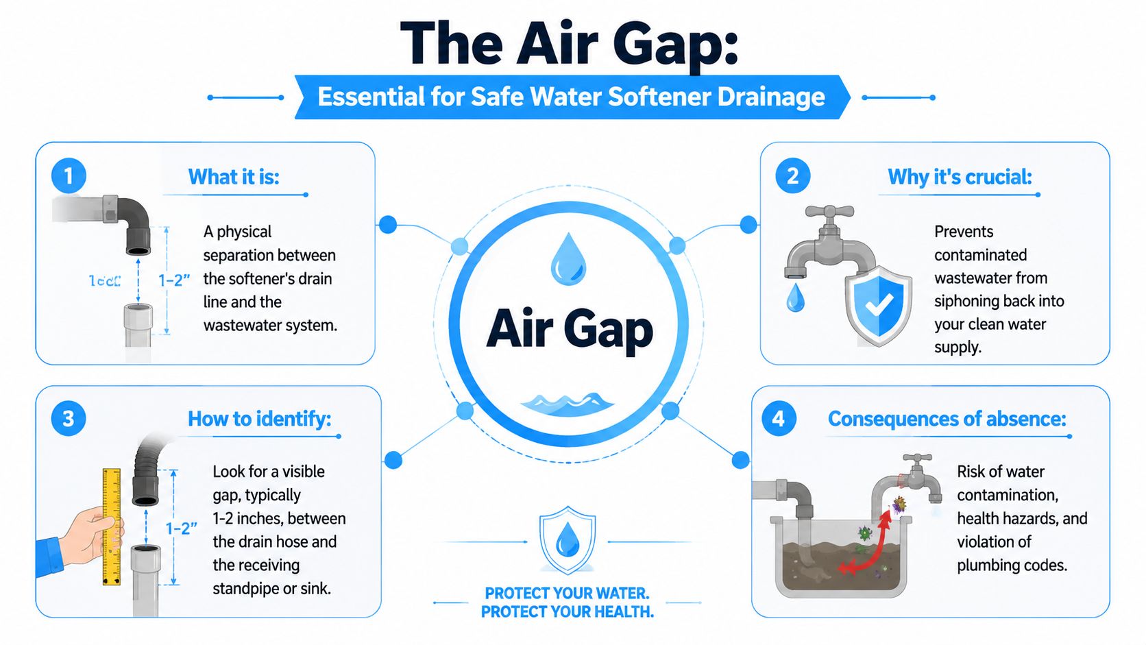 A diagram explaining the importance of an air gap for safe water softener drainage to prevent contamination.