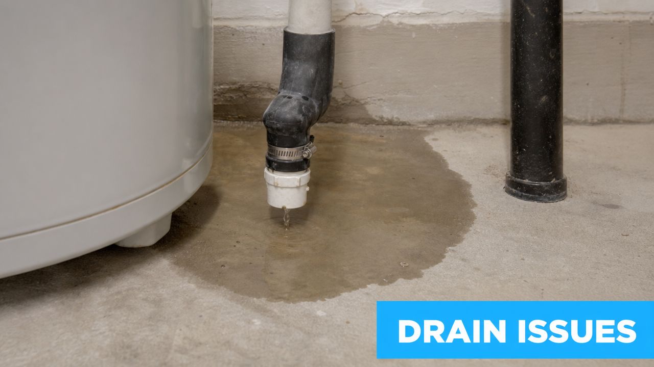 A leaking drain pipe from a water softener causing a puddle on a basement concrete floor.