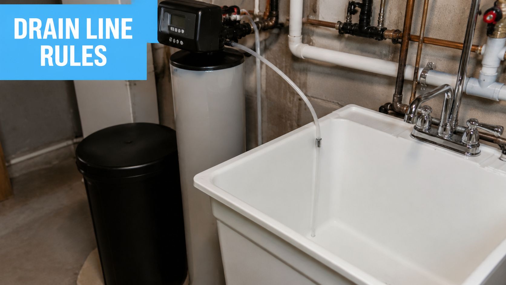 A water softener system with a drain line hose suspended over a plastic utility sink in basement.