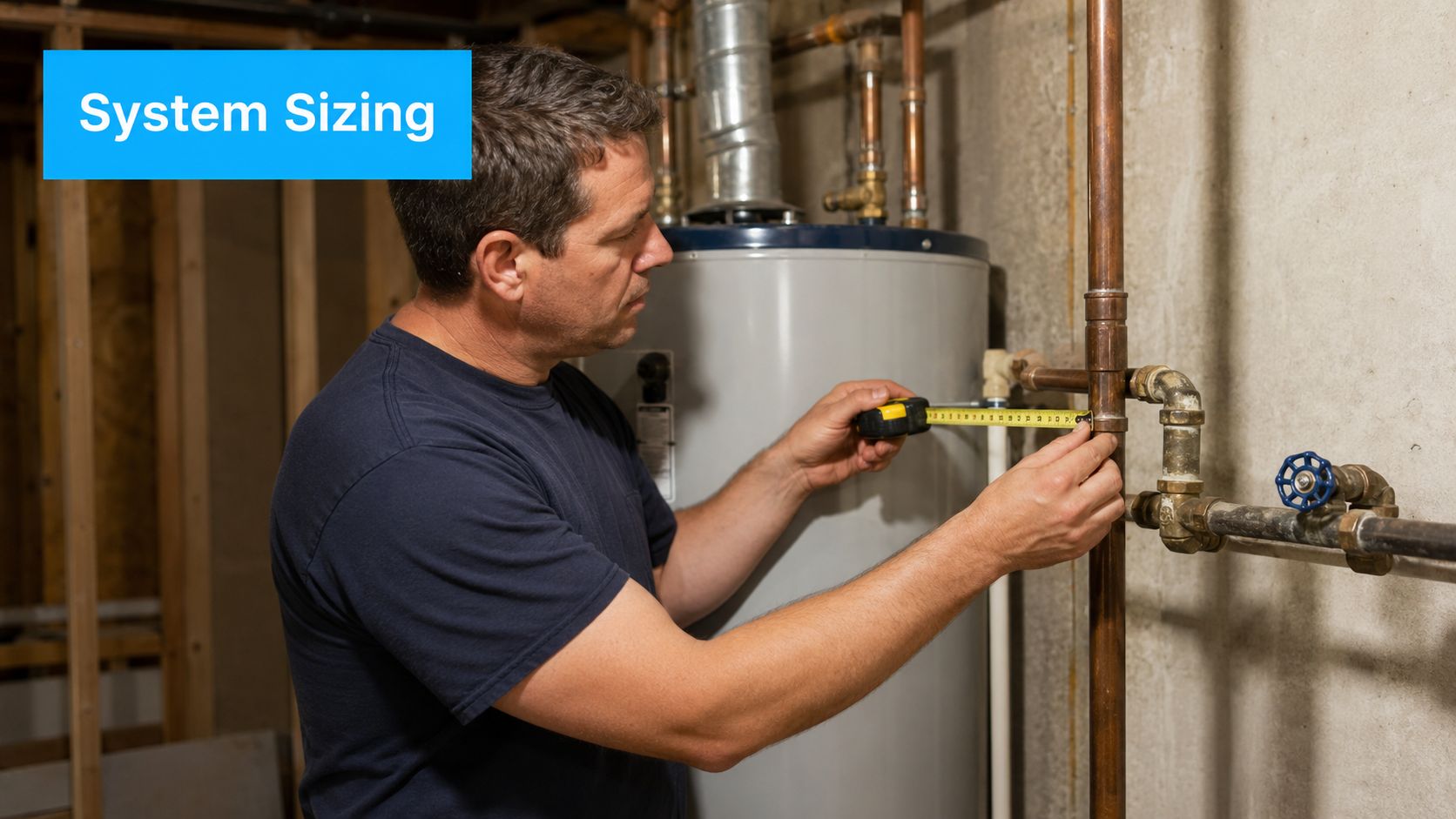 A professional plumber uses a measuring tape to inspect copper pipes connected to a residential water heater.
