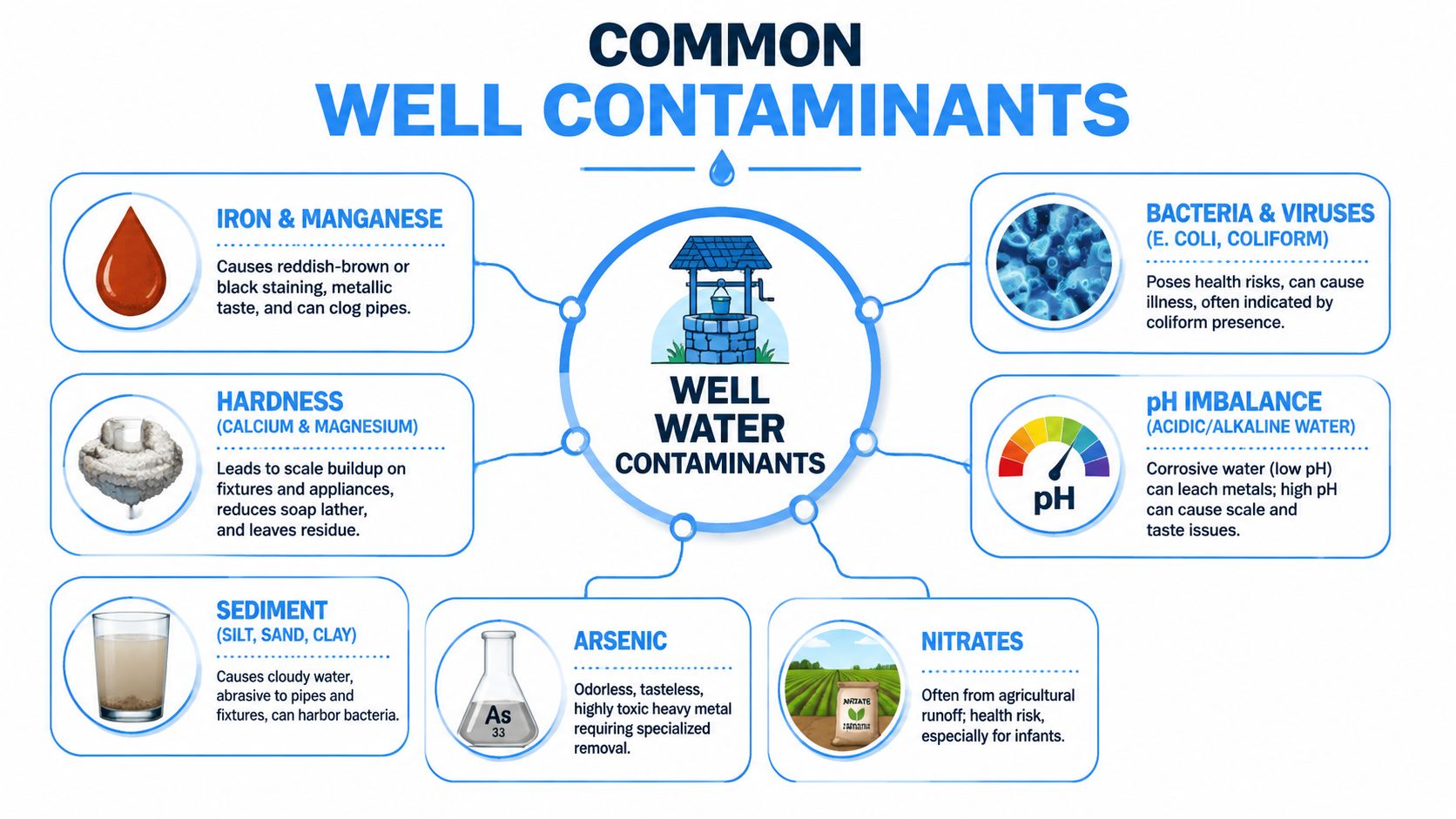 An infographic showing common well water contaminants including iron, hardness, sediment, bacteria, pH imbalance, arsenic, and nitrates.