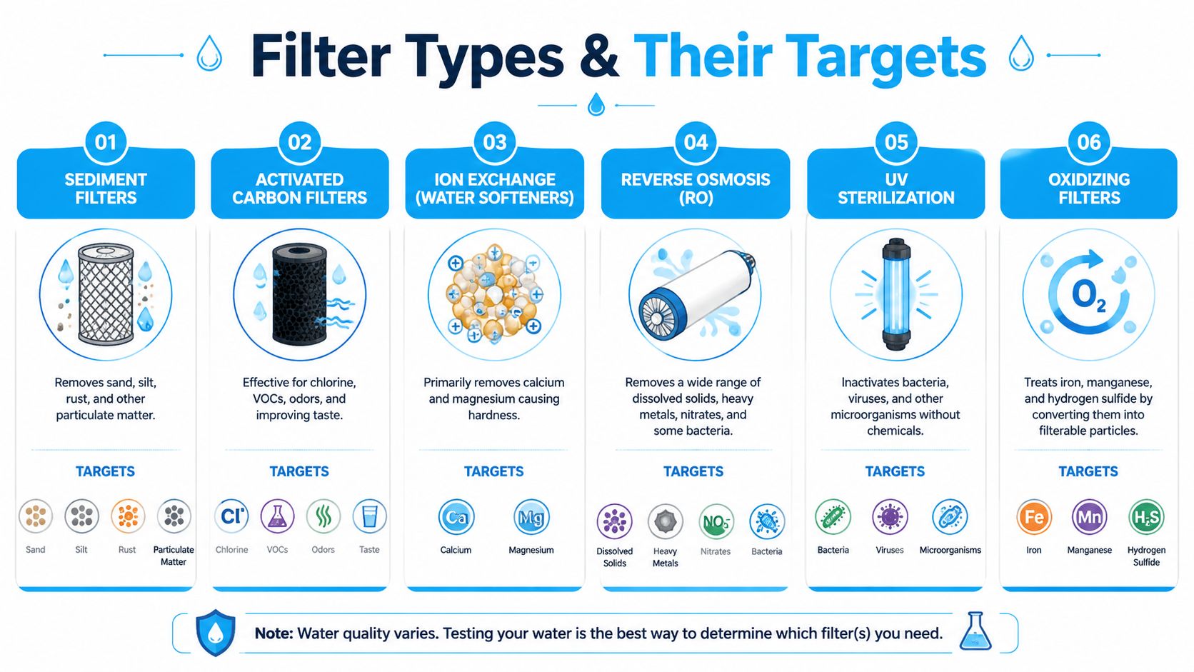 An infographic detailing six types of water filters, their primary functions, and the specific contaminants they target.