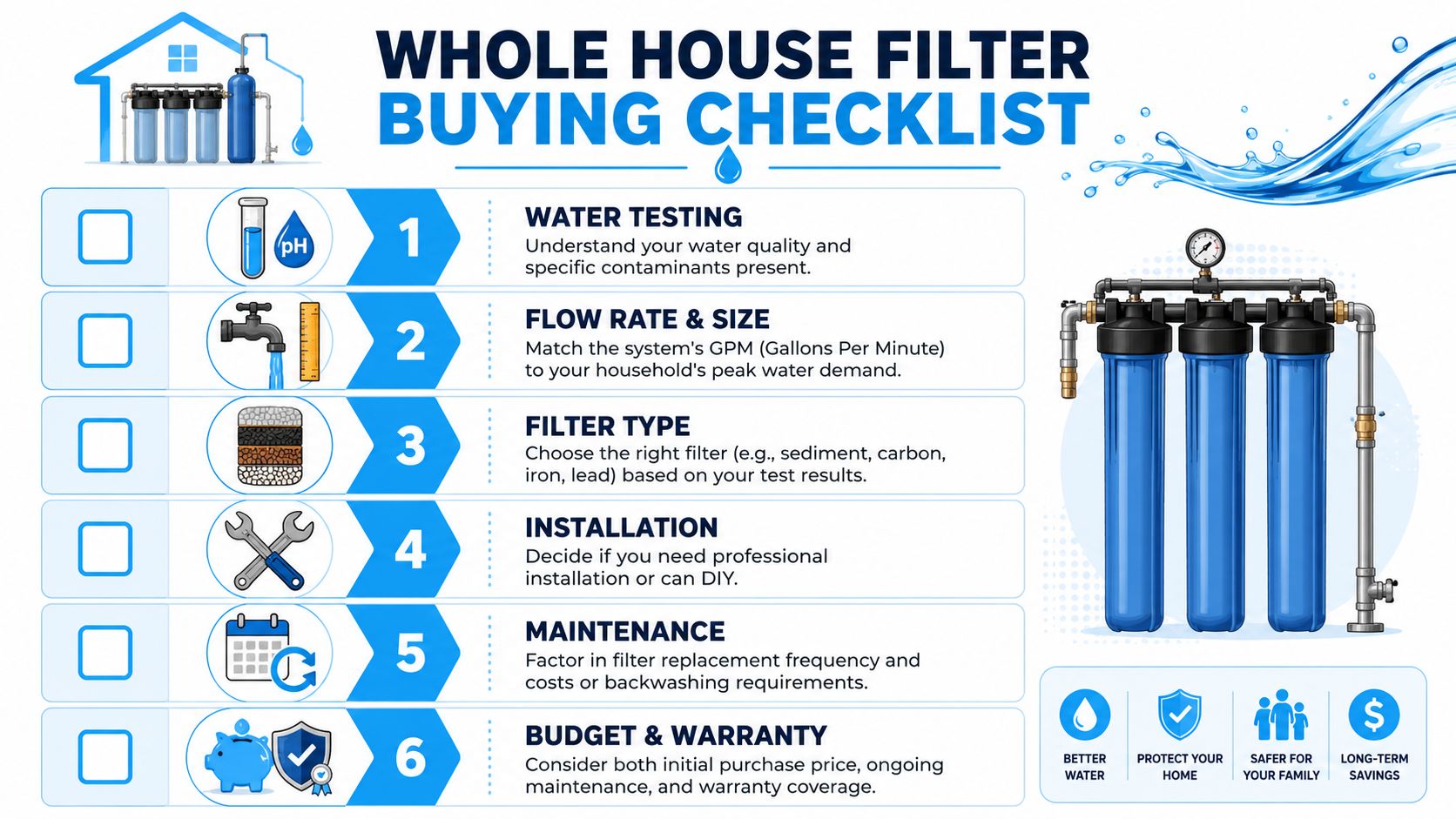 A six-step buying checklist for choosing a whole house water filtration system for your home.