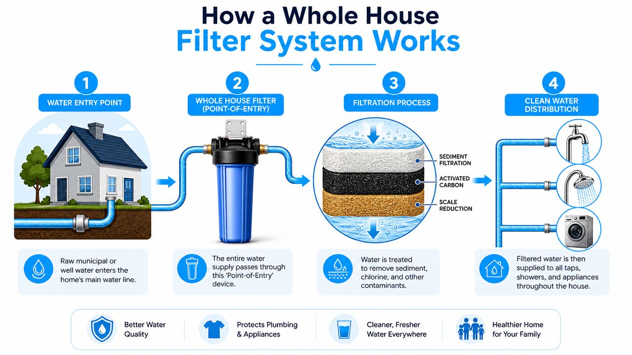 A diagram illustrating the four steps of how a whole house water filtration system works for homes.