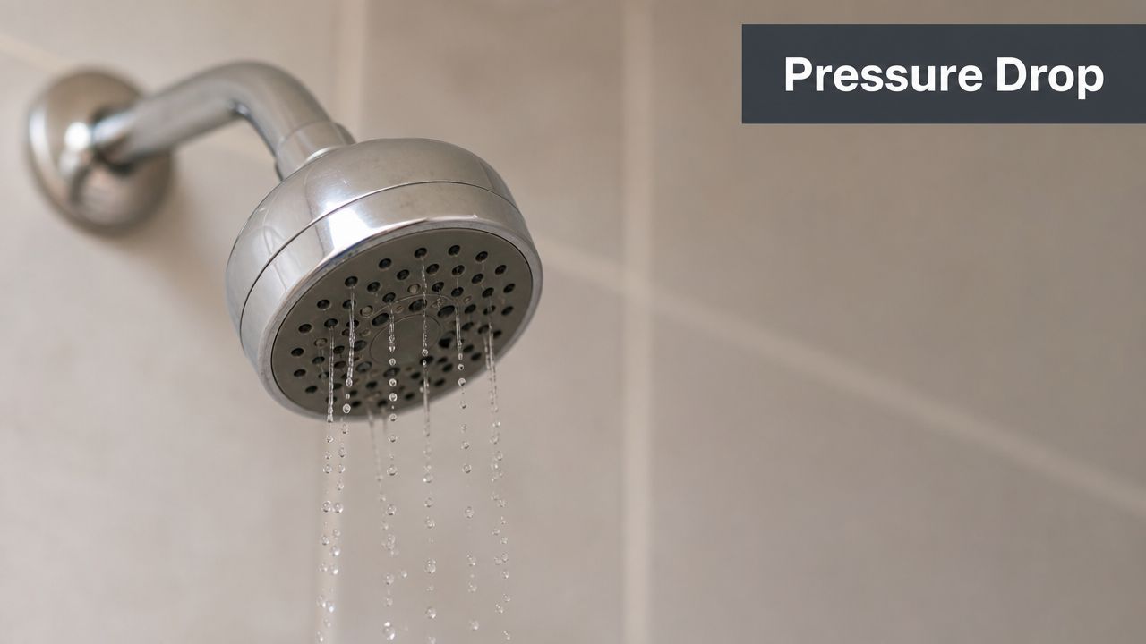 A close-up view of a metal shower head spraying water against a tiled bathroom wall.