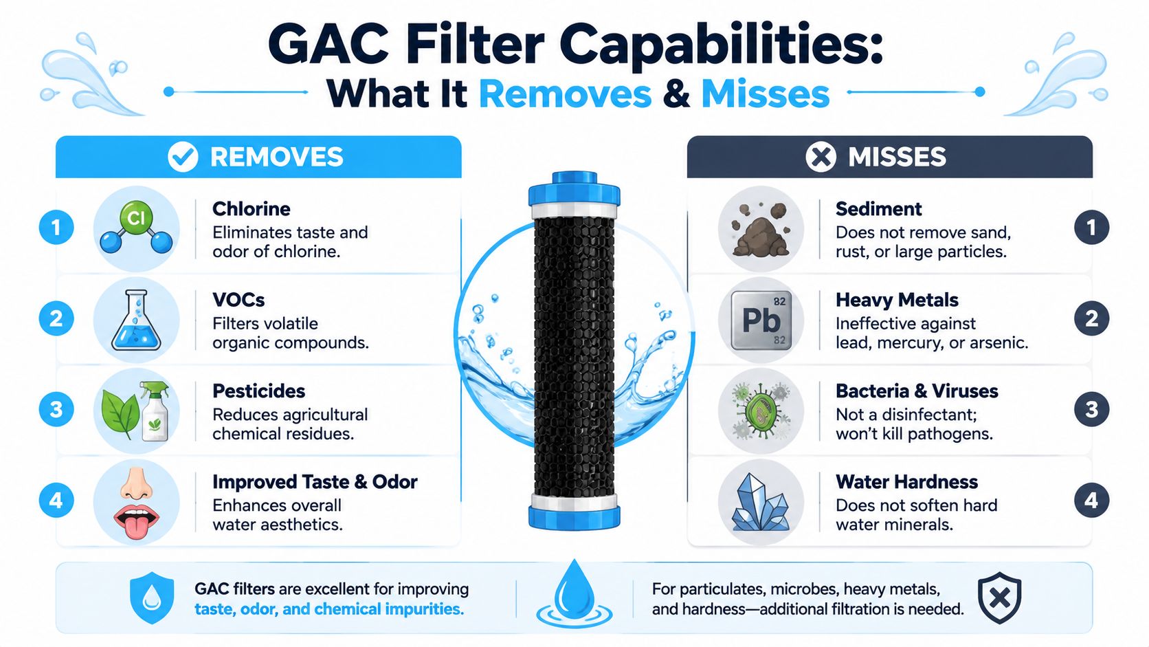 An infographic detailing the contaminants removed and missed by GAC whole house water filters.