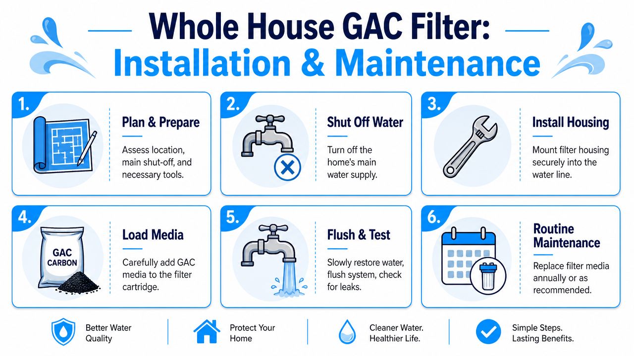A step-by-step infographic showing how to install and maintain a whole house GAC water filter system.