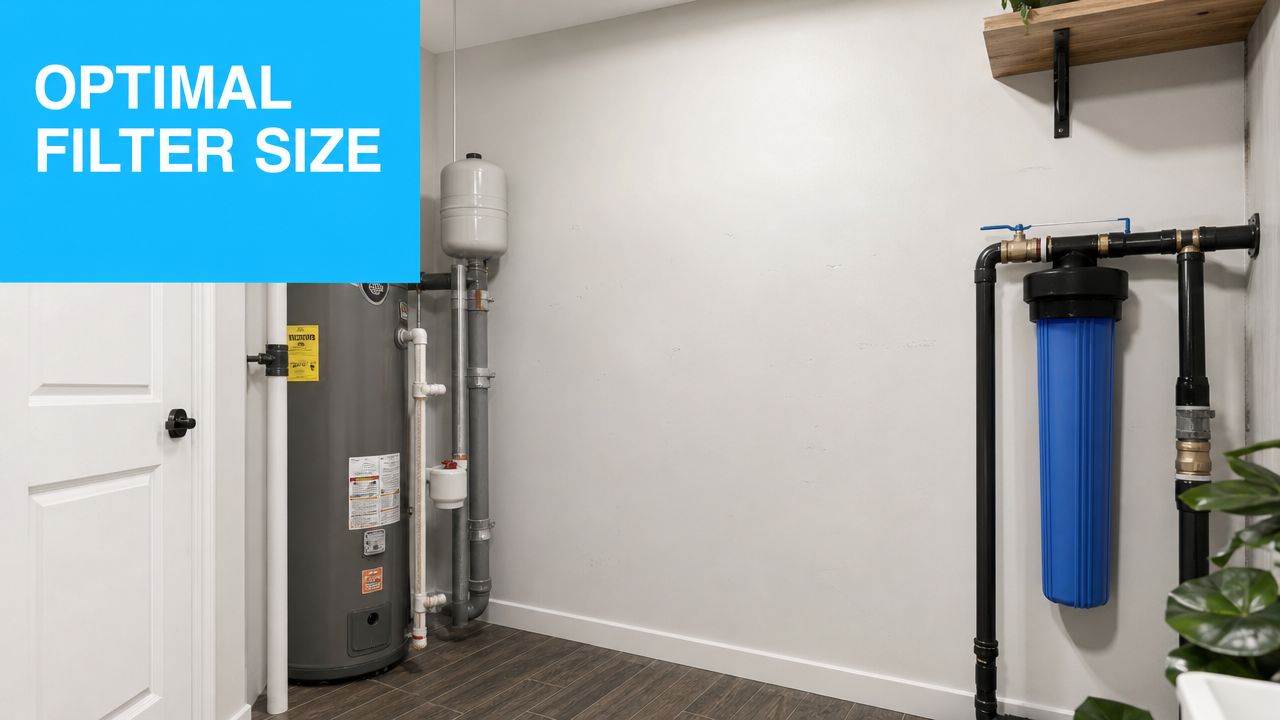 A utility room featuring a large blue whole house water filter system and a residential water heater.