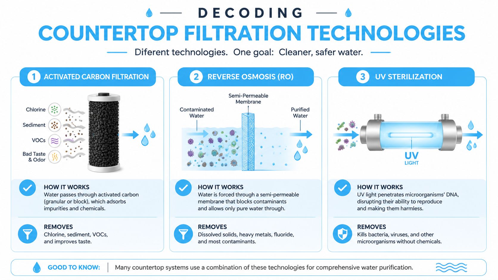 An infographic illustrating three common countertop water filtration technologies including activated carbon, reverse osmosis, and UV sterilization.