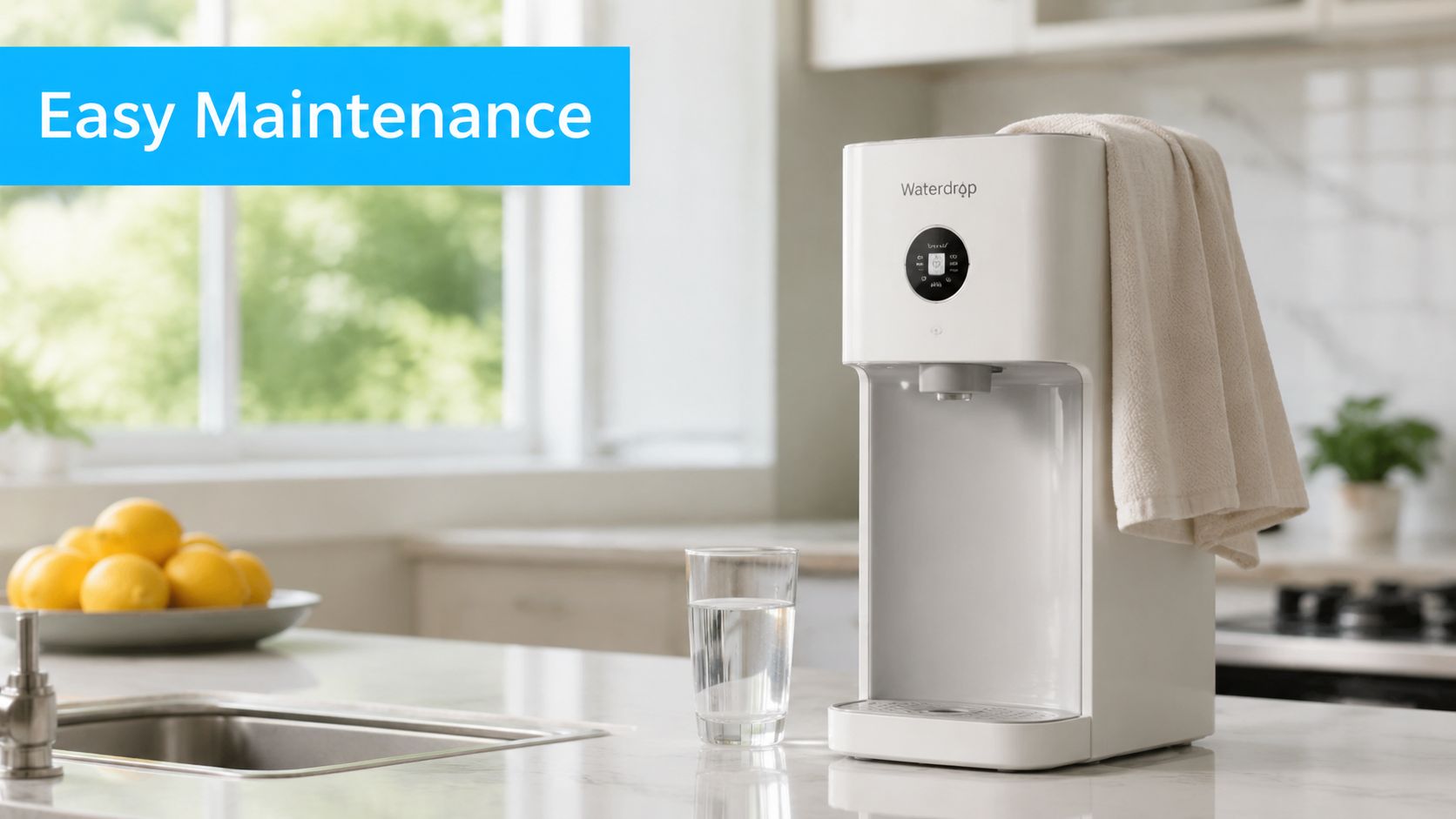 A modern white Waterdrop countertop water dispenser stands on a clean kitchen counter next to a glass of water.