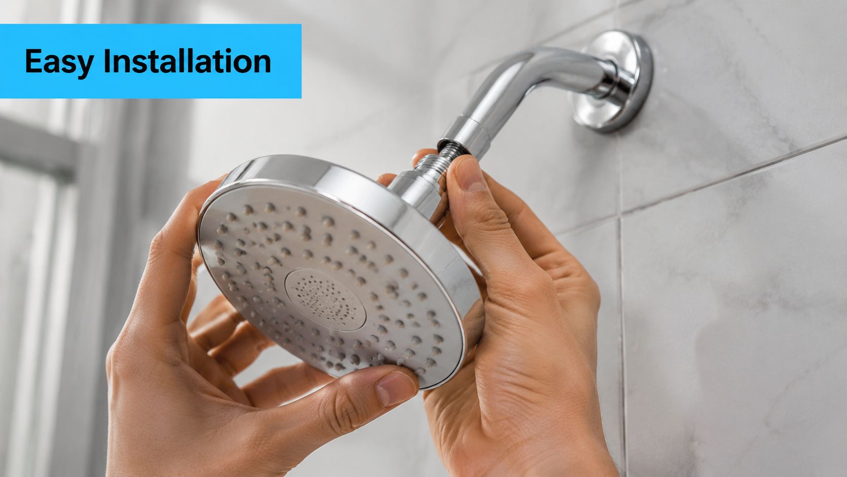 A person installing a chrome shower head onto a pipe extending from a tiled bathroom wall.
