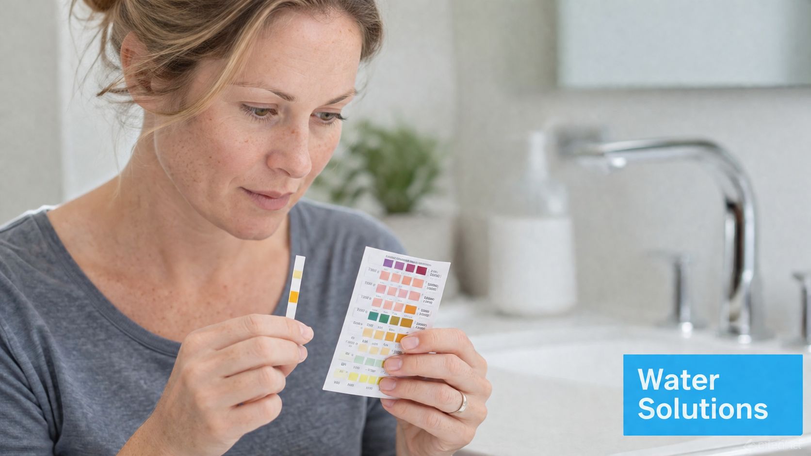 A woman testing water quality with a diagnostic strip at her kitchen sink.