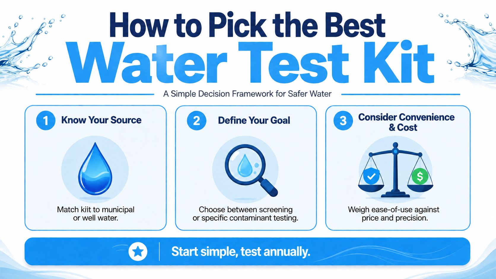 A helpful infographic titled How to Pick the Best Water Test Kit featuring three essential decision steps.