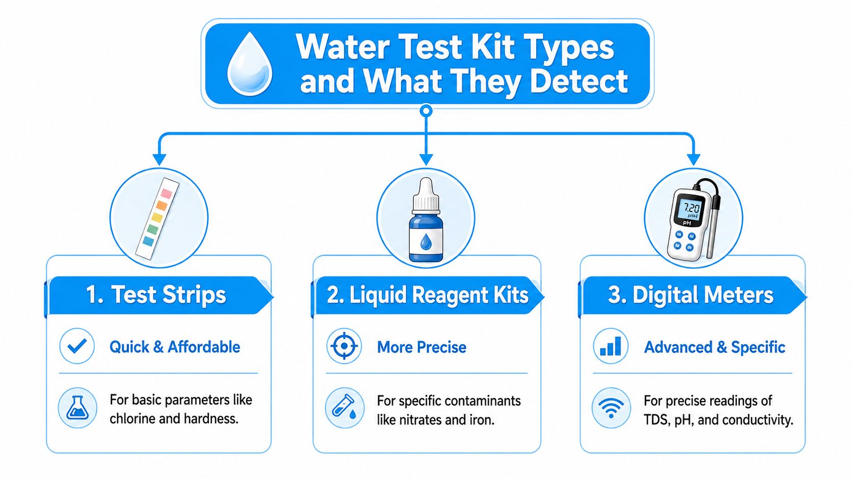 A diagram illustrating three main types of water test kits: test strips, liquid reagent kits, and digital meters.