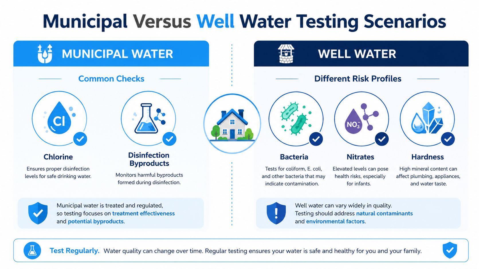 An infographic comparing the common water testing needs for municipal water systems and private well water sources.