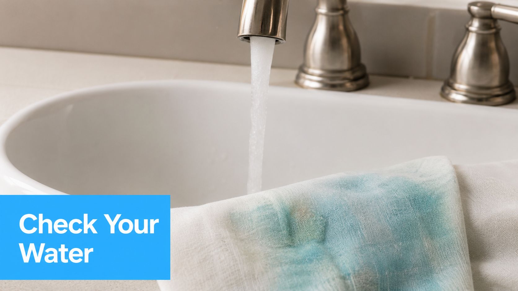 A close-up view of a faucet running water over a white cloth with a blue stain.
