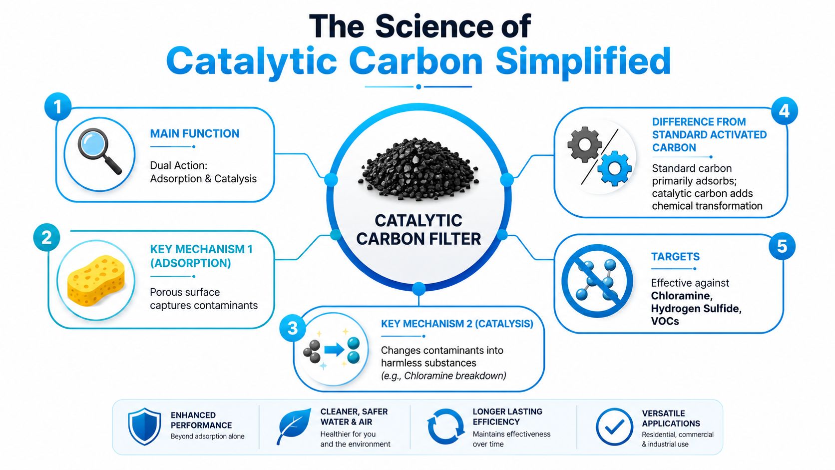 An infographic titled The Science of Catalytic Carbon Simplified explaining how catalytic carbon filters function and purify.