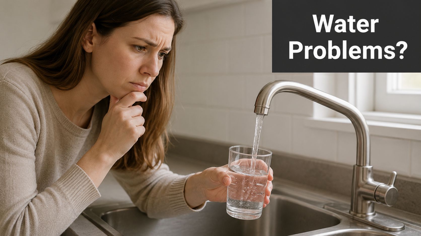 A concerned woman filling a glass of water from a kitchen faucet, contemplating water quality issues.