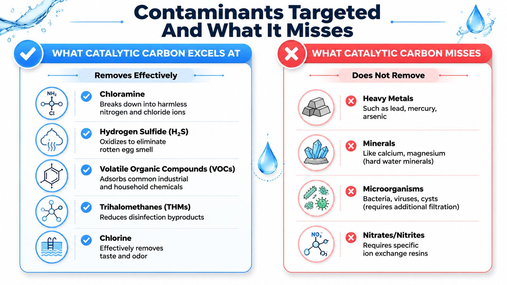 A comparison chart showing contaminants removed by catalytic carbon filters and those that remain after filtration.