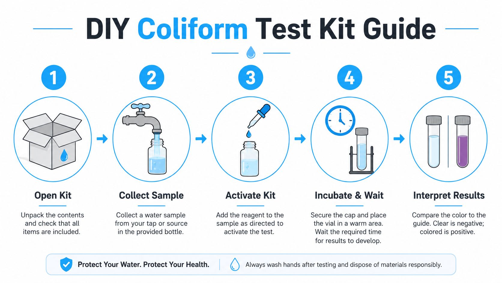 An infographic illustrating the five-step process for performing a DIY coliform bacteria water test at home.