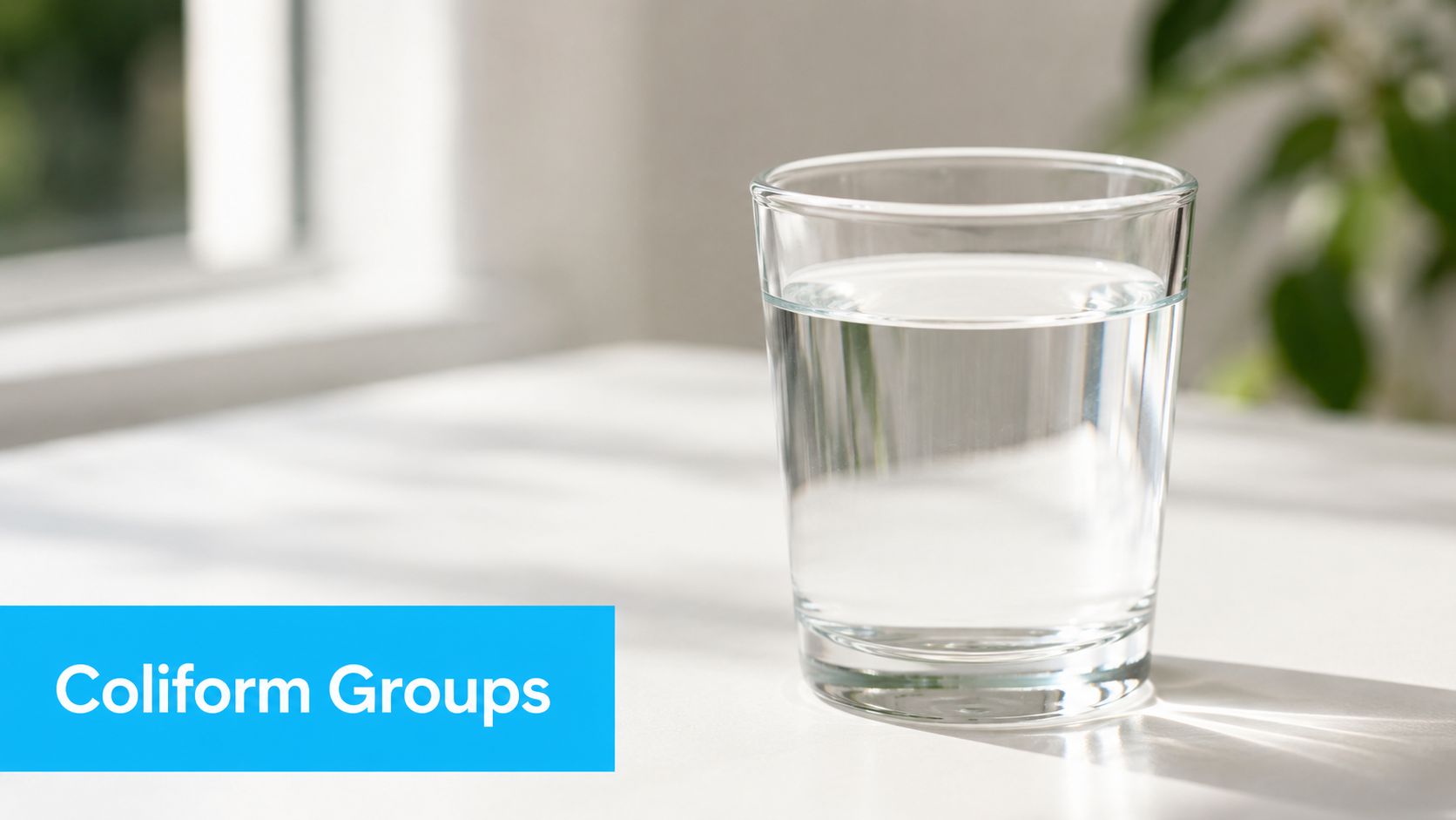 A clear glass filled with fresh water sitting on a white table in a bright room.
