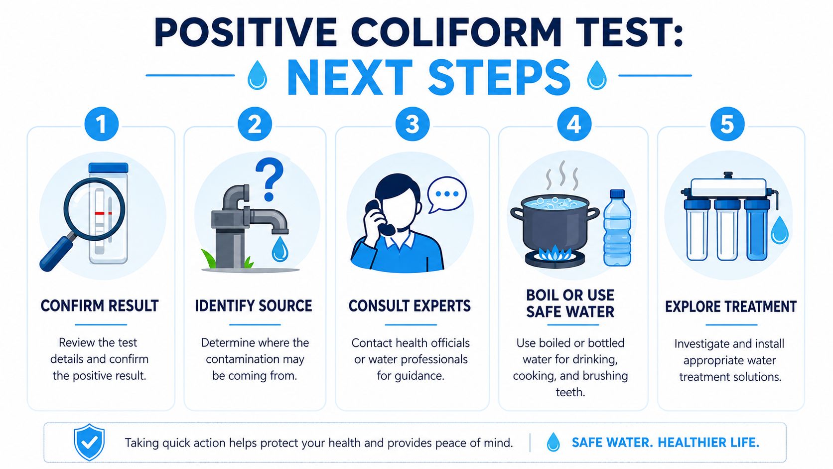 A 5-step infographic explaining the necessary actions to take after receiving a positive coliform water test result.