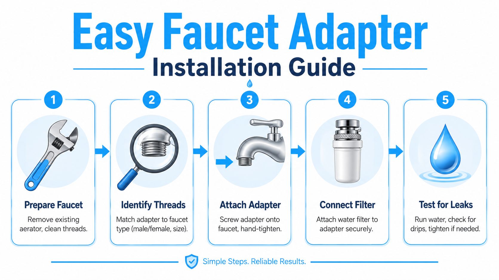 A five-step instructional guide on how to install a faucet water filter adapter onto a standard faucet.