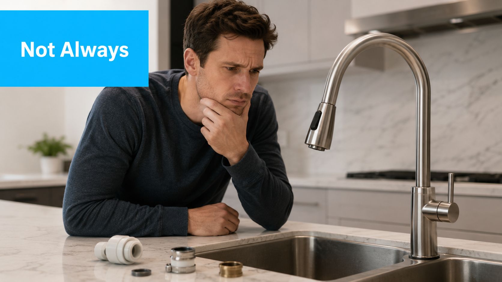 A man looking thoughtfully at plumbing parts on a kitchen counter next to a modern faucet.