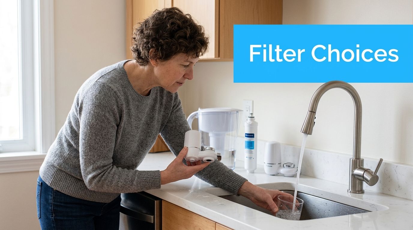 A woman holds a faucet water filter adapter in her kitchen while filling a glass with water.