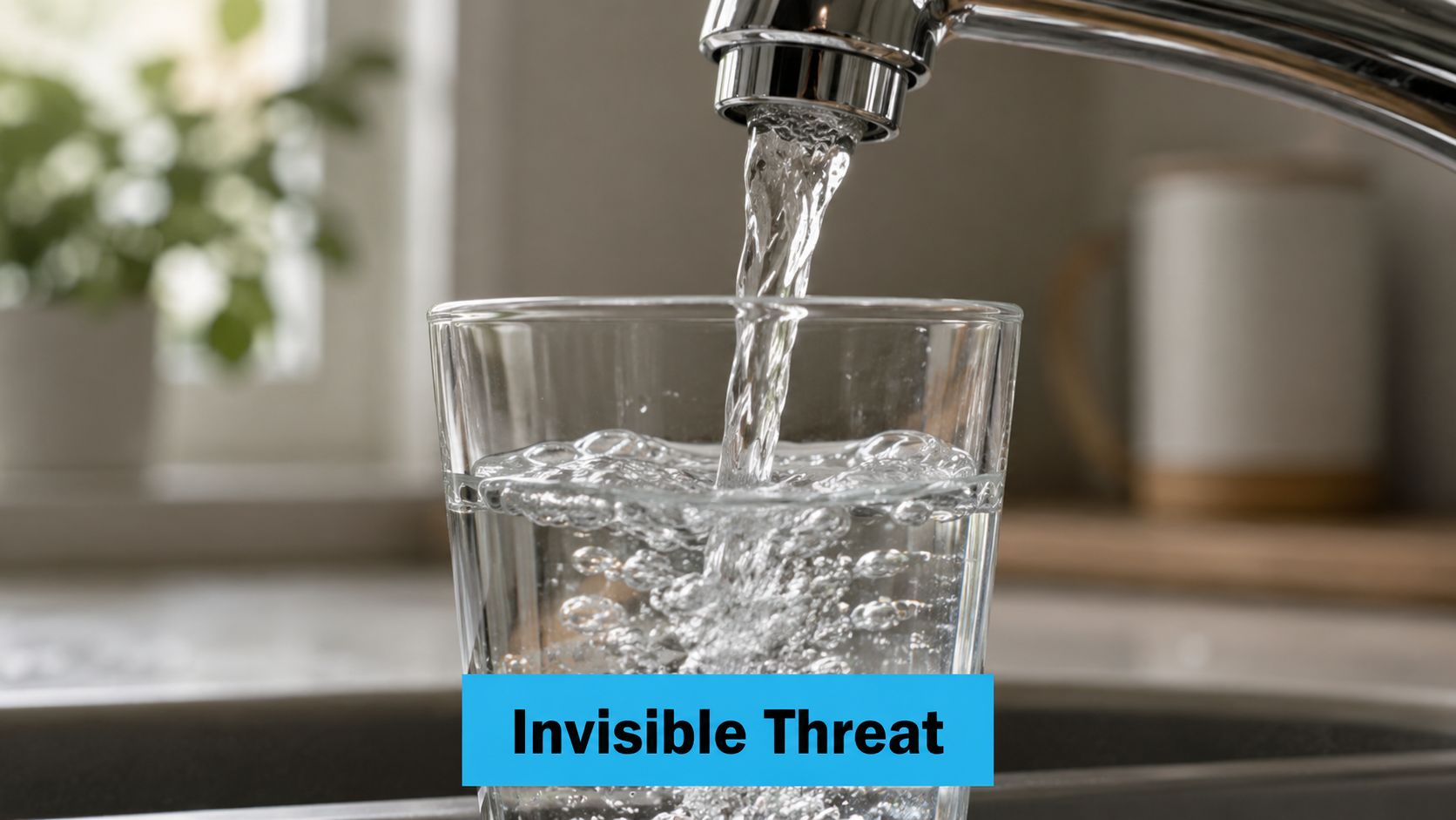 Clean water pouring from a faucet into a clear glass with the text Invisible Threat overlaid below.