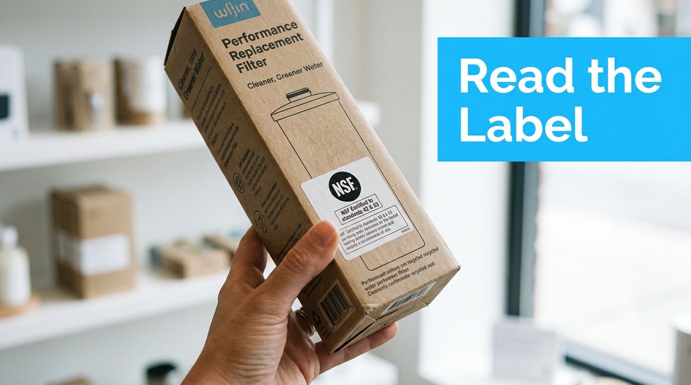 A hand holding a sustainable cardboard box for a performance water replacement filter in a store.