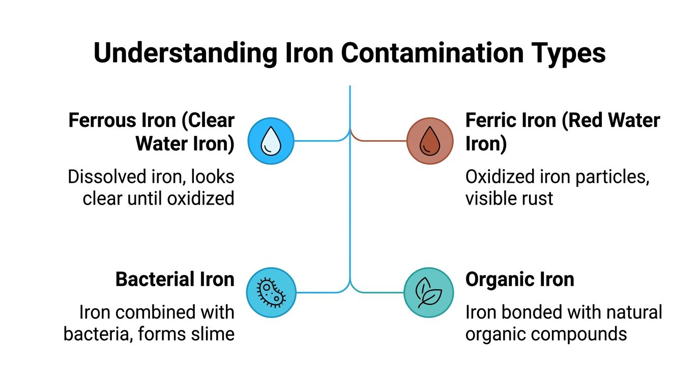 A diagram illustrating the four common types of iron contamination in water, including ferrous, ferric, bacterial, and organic iron.