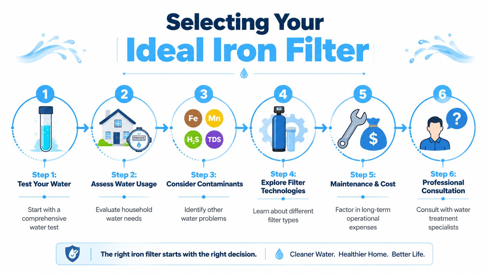 A six-step infographic guide for selecting an ideal water iron filter for your home.