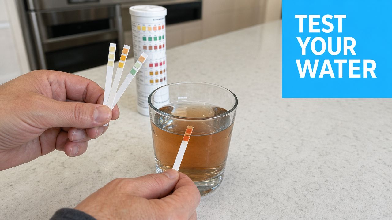 A person testing discolored, potentially contaminated tap water with a chemical test strip in a glass.