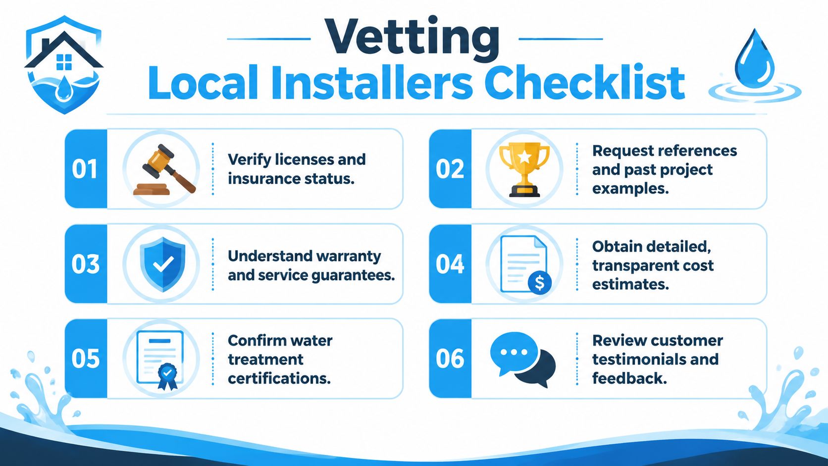 A checklist for vetting local water filter installers including verifying licenses, checking references, and reviewing customer testimonials.