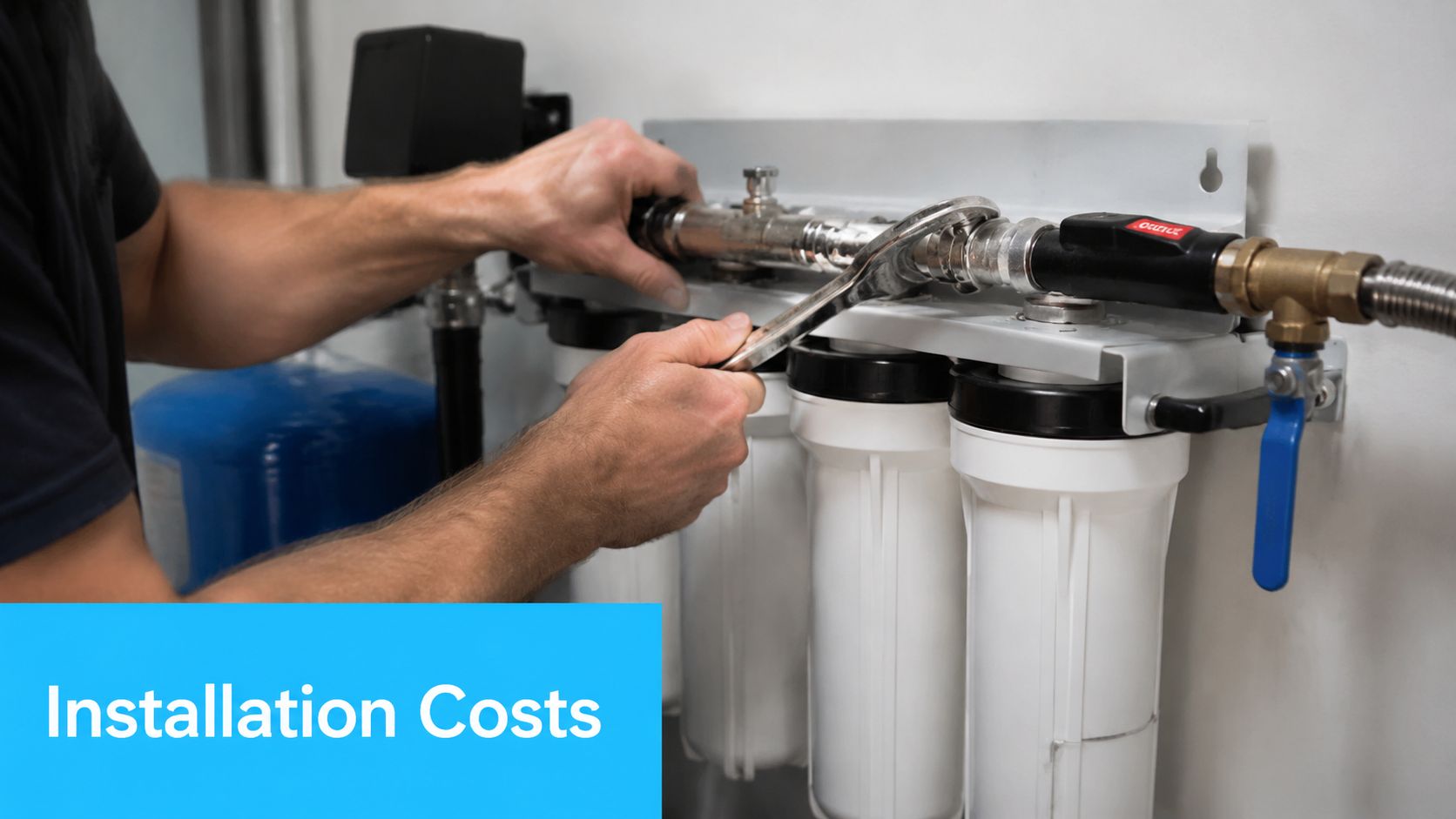 A professional plumber installing or repairing a multi-stage home water filtration system with a wrench.