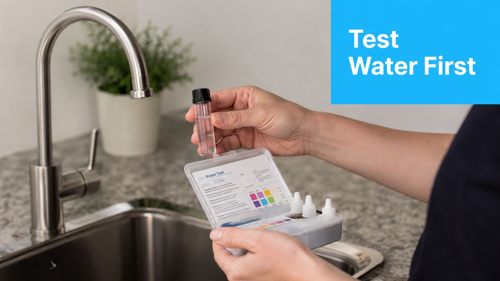 A person preparing to test tap water quality using a professional water testing kit at a kitchen sink.