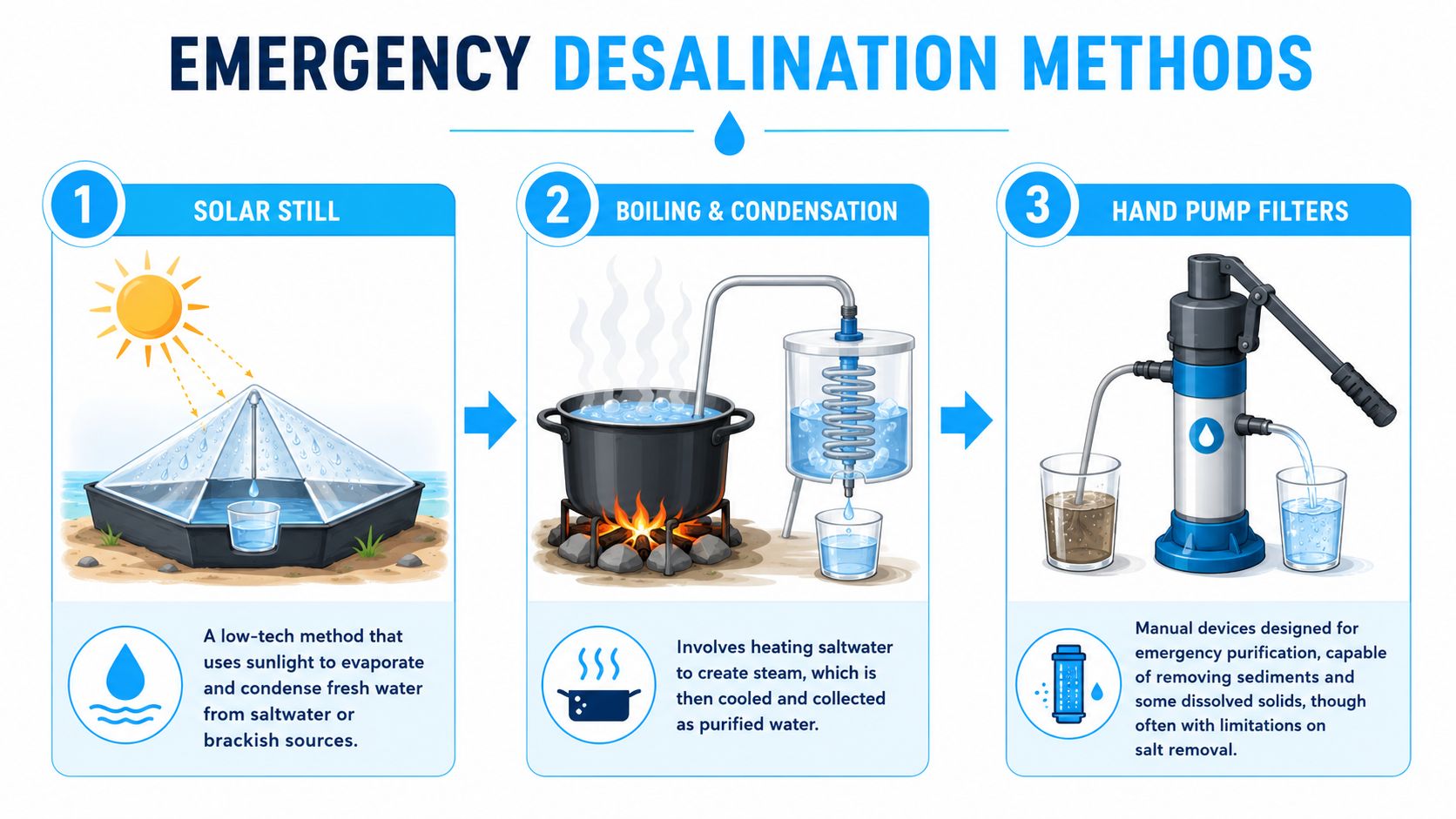 An infographic showing three methods to desalinate water: solar still, boiling with condensation, and hand pump filters.